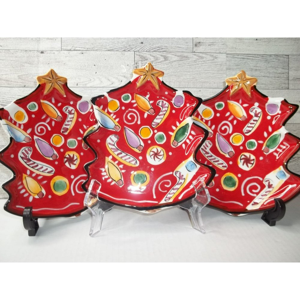 3 Piece Clay Art Navidad Red Christmas Tree Shaped  Decorated Serving Tray Dish